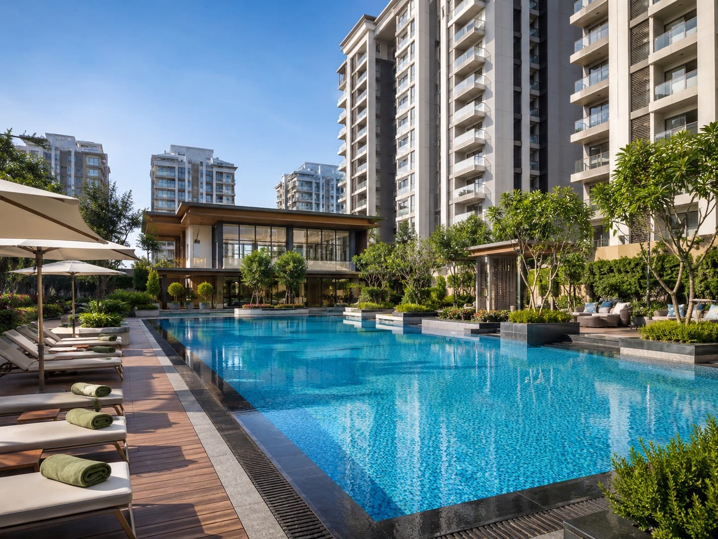 The outdoor swimming pool and sun-lounger deck at Elevate Kamla Nagar, framed by the residential towers